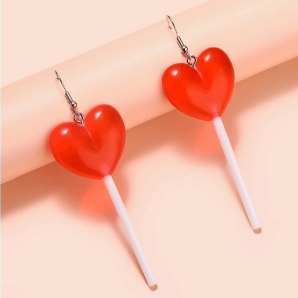 Fun Valentine’s❤️🍭Red Heart Lollipop Dangle Earrings - Picture 2 of 10